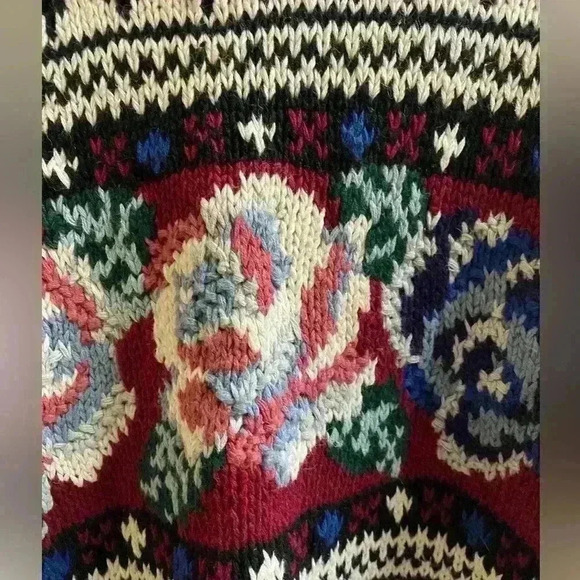 Vintage Black White Maroon Floral Rose Abstract Print Cotton Cropped Sweater M - Picture 4 of 13